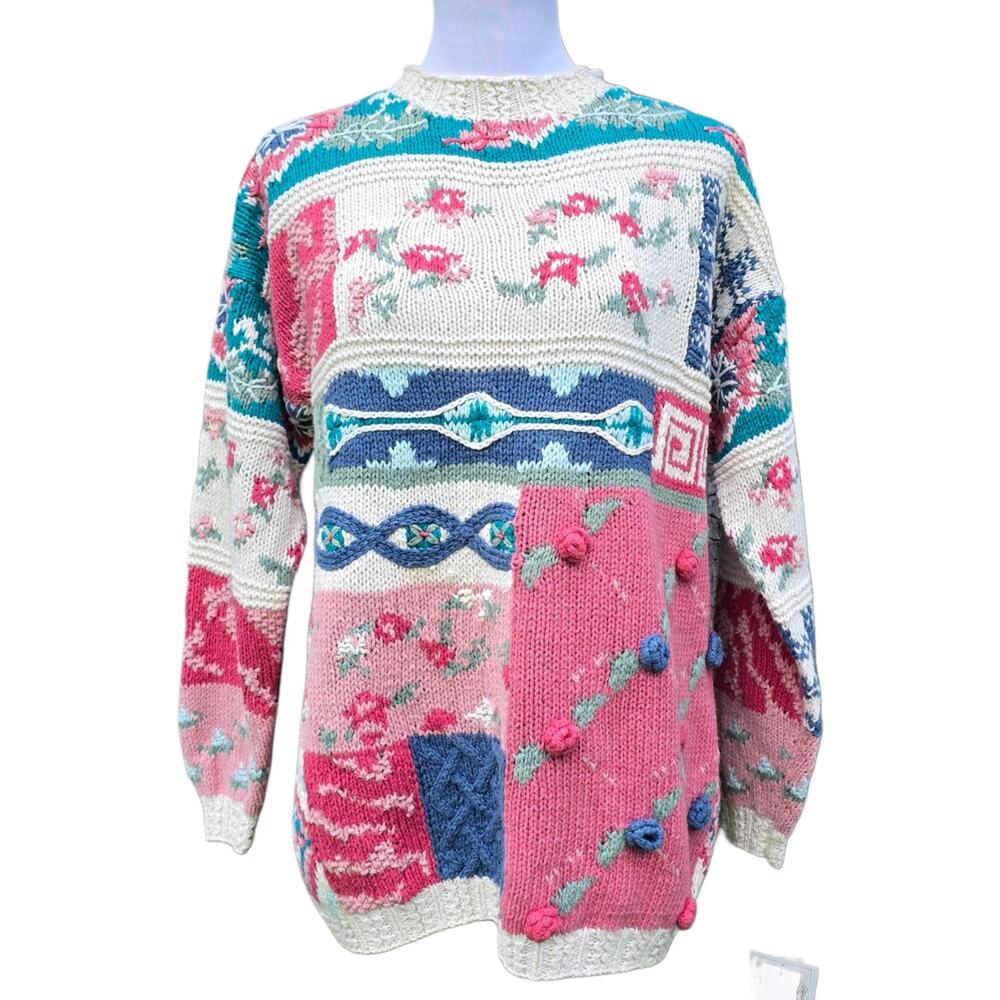 Crystal Kobe Patchwork Sweater Size Petite Med Pink Blue Beige Floral Vintage PM - Picture 1 of 9